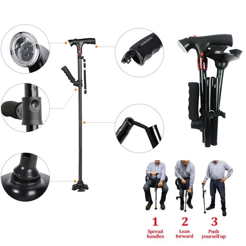 Collapsible LED Walking Cane with Alarm – Adjustable Folding Cane for Seniors